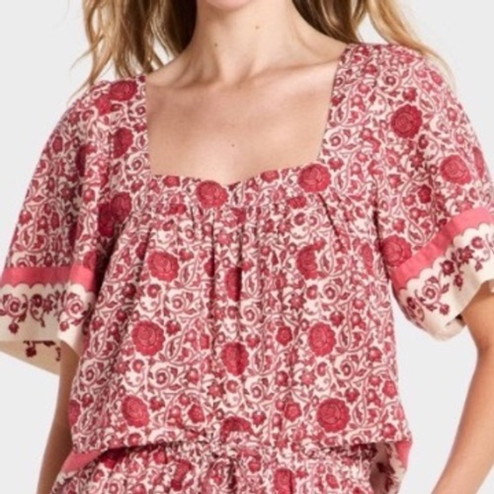 Universal Thread Pink Floral Block Print Square Neck Tie Back Blouse XL NEW